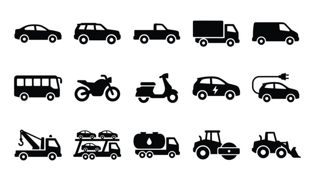 Set of black transportation vehicle icons created by a professional vector illustrator for modern web and graphic design
