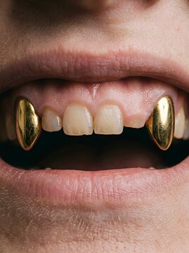 Macro close up of person smiling with sharp gold fang teeth caps grillz and missing tooth details