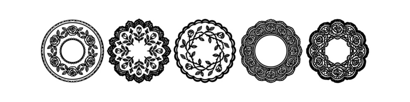 Set of five decorative circular rose frames and floral lace borders in black and white. Elegant hand-drawn mandala designs for wedding invitations, scrapbooking, and paper crafts.