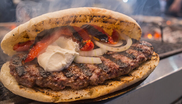 Serbian Pljeskavica Balkan Burger Close Up
