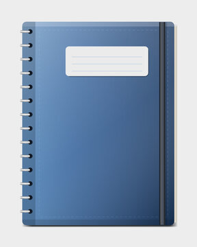 Blue spiral notebook mockup with blank name label and elastic closure band, realistic stationery vector illustration isolated on light grey background.