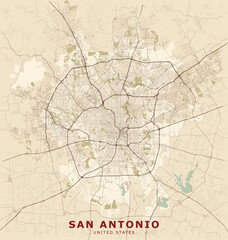 Fototapeta premium Vintage beige and brown street map of San Antonio, Texas, featuring its concentric ring highways, inner city grid, surrounding road network, and geographic coordinates.