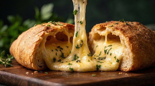 An appetizing close-up of a warm crusty bread loaf pulled apart to reveal gooey melted cheese stretching with fresh herbs, served on a dark wooden board.