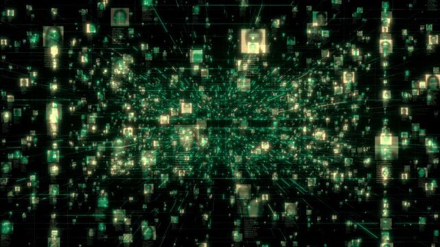 Searching in a flood of unrecognizable people portraits moving along dark green data connections in social network. Artificial intelligence concept for business, communications, technology or social