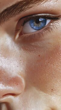 Extreme Close-up of a Human Face with Blue Eye and Detailed Skin Texture