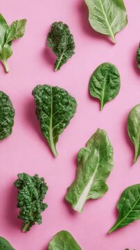 Assorted Leafy Greens on Pink Background