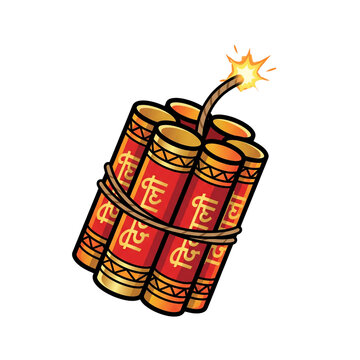 Traditional red firecrackers bundle with a lit fuse isolated on a white background vector illustration