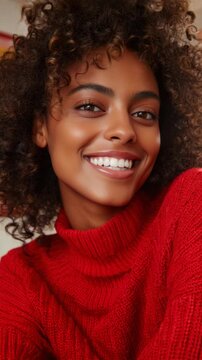 Cheerful woman with curly hair smiling in a red knit turtleneck