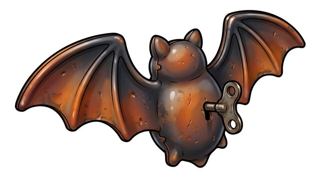 Steampunk wind-up bat toy illustration with a rusty metallic texture and vintage mechanical design
