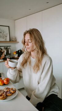 Smiling blonde woman holding a coffee cup in a modern kitchen with donuts