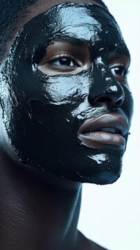 Close-up of a Face with a Glossy Black Mud Mask