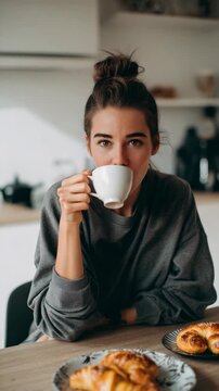 Smiling young woman with a bun holding a coffee cup in a cafe