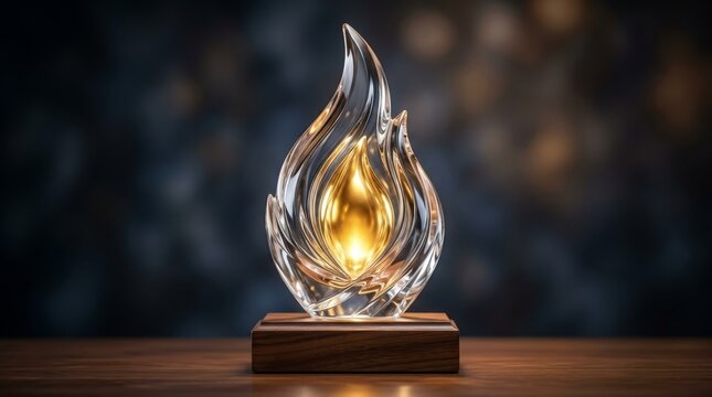 Symbol of Brilliance: A stunning crystal award, shaped like a flame, glows with an inner golden light, representing achievement, inspiration, and excellence.