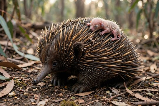 A short-beaked echidna carrying its tiny pink hairless puggle baby on its spiky back while foraging on a forest floor covered with dry leaves