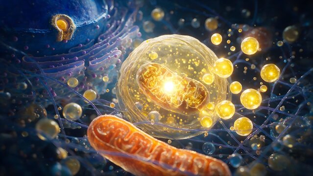 A microscopic view of a cell digesting its own damaged parts in a dramatic self-cleansing ritual