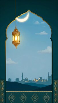 Ramadan and Eid celebration with crescent moon, lantern, and mosque silhouette