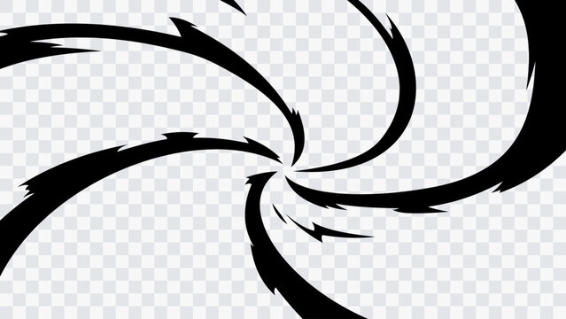 Black and white abstract vortex with sweeping curved blades converging toward a central point. Dynamic manga-inspired spiral motion creates a strong sense of rotation, speed, force, and energy.