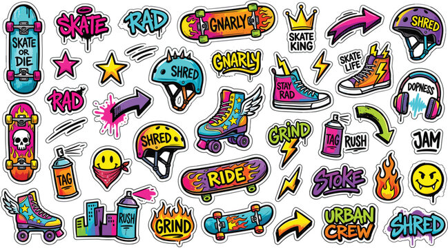 Urban Skateboard and Roller Skate Graffiti Sticker Set with Helmets Sneakers Spray Cans and Street Culture Doodles for Graphic Apparel Designs