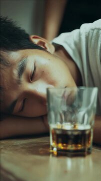 Close-up of a somber man beside a glass of whiskey