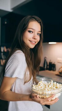 Smiling young woman holding a bowl of popcorn in a kitchen