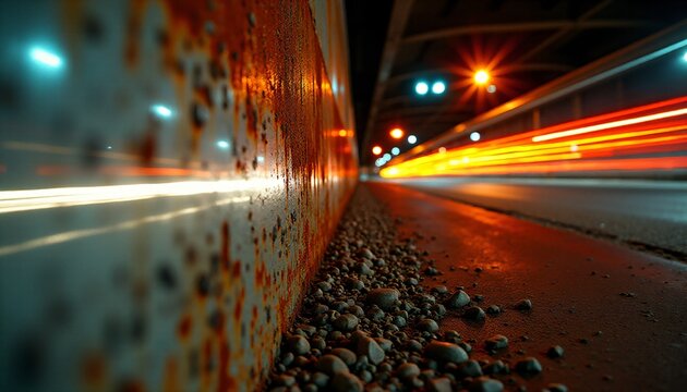 Rusty textured wall and pebbles beside highway light trails at night