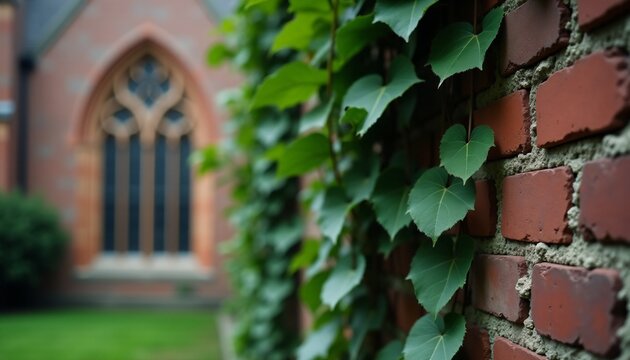 Textured red brick wall with climbing green ivy and blurred gothic win