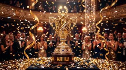 Fototapeta premium Golden Triumph: An ornate, jewel-encrusted golden trophy stands center stage, showered in confetti amidst a rapturous audience in a grand theater, celebrating a momentous achievement.