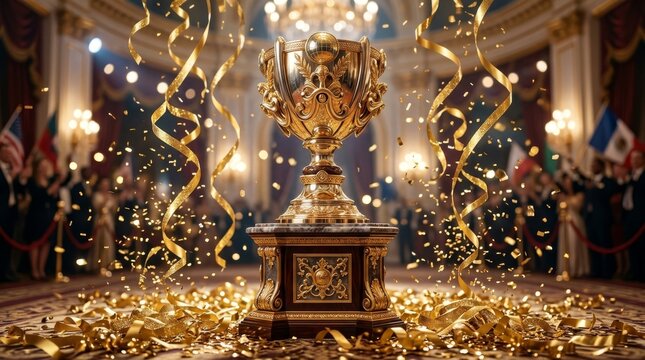Golden Trophy Grandeur: A magnificent golden trophy stands proudly on a decorated pedestal, showered with confetti and streamers in a grand hall filled with cheering onlookers and national flags.