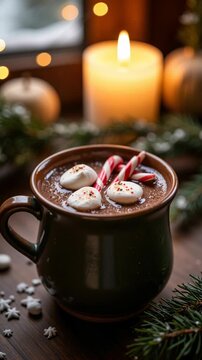 Hot Cocoa with Marshmallows and Candy Canes in Cozy Winter Scene