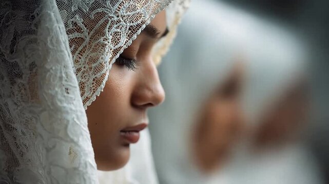 Side profile of woman wearing white lace headscarf.