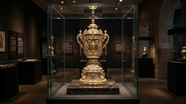 Golden Cup in Museum Display: An ornate, golden trophy, intricately designed and gleaming, is showcased within a glass display case in a dimly lit museum.