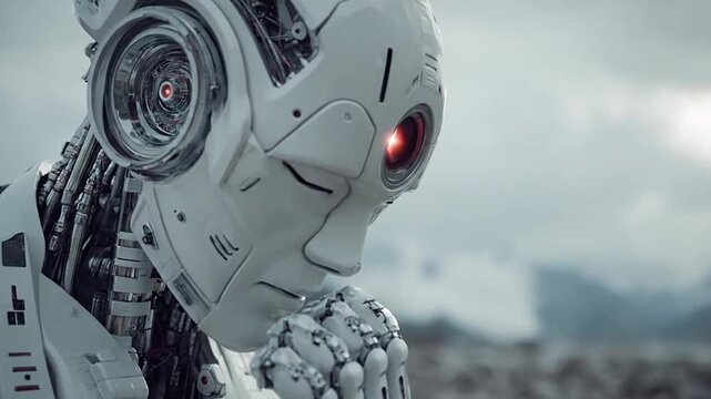 White humanoid robot in thoughtful pose against cloudy sky.