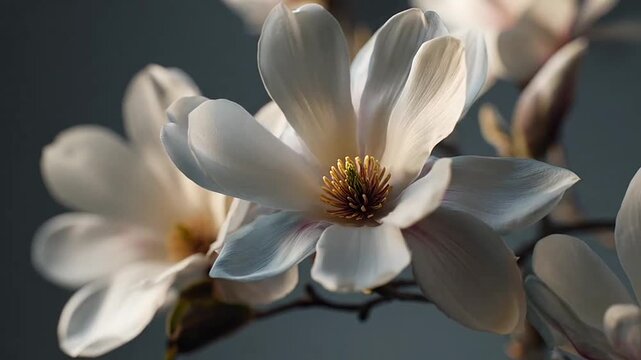 White magnolia blossoms on a tree branch.
