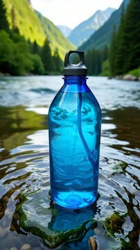 Blue Sport Water Bottle in a Mountain River
