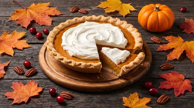 Delicious homemade pumpkin pie with whipped cream slice on wooden board surrounded by colorful autumn maple leaves, pecans, cranberries, and mini pumpkin for Thanksgiving dessert
