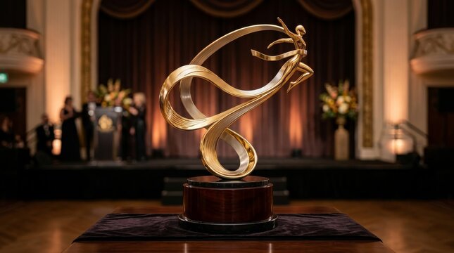 Golden Excellence: A magnificent golden sculpture, symbolizing achievement and artistic flair, stands proudly on display in a grand hall, bathed in elegant lighting.