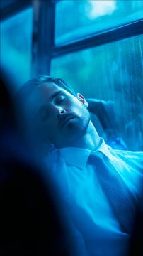 Exhausted Businessman Sleeping on a Bus During a Rainy Night