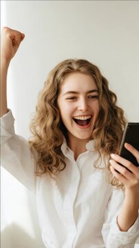 Happy Woman Celebrating Success with Smartphone and Raised Fist