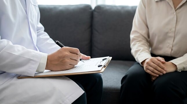 Doctor Consulting Patient Taking Notes on Clipboard During Medical Session.