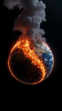 Earth Globe Burning with Smoke in Space Symbolizing Global Warming