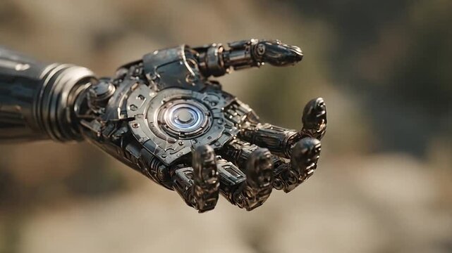 Robotic arm reaching out in a desert landscape.