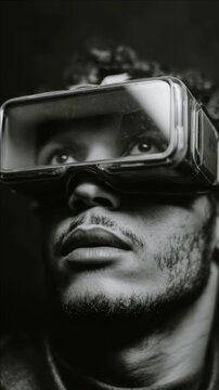 Portrait of a man wearing futuristic goggles in monochrome