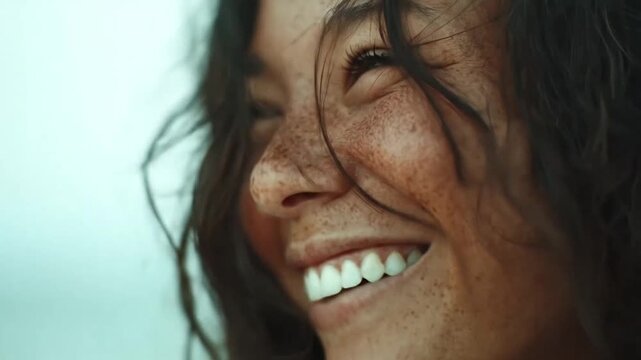 Close up of a freckled woman laughing.