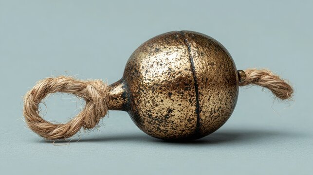Antique brass ball ornament with a knotted rope loop on a plain gray background with tarnished metal