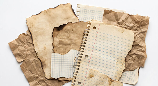torn aged burnt parchment lined notebook paper grid paper and craft paper