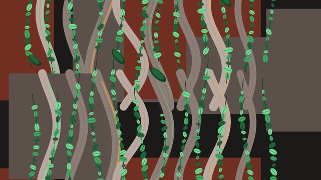 Animated motion graphic of curving vines and leaves on geometric background