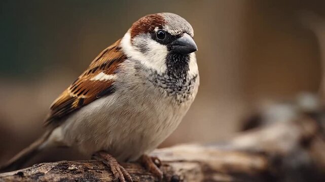 Profile of a sparrow on textured tree bark.