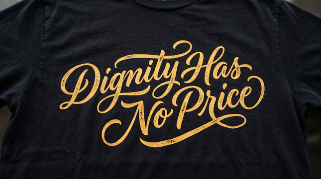 A black cotton t shirt featuring yellow hand lettered text reading dignity has no price with distressed script lettering close view black printed yellow calligraphy