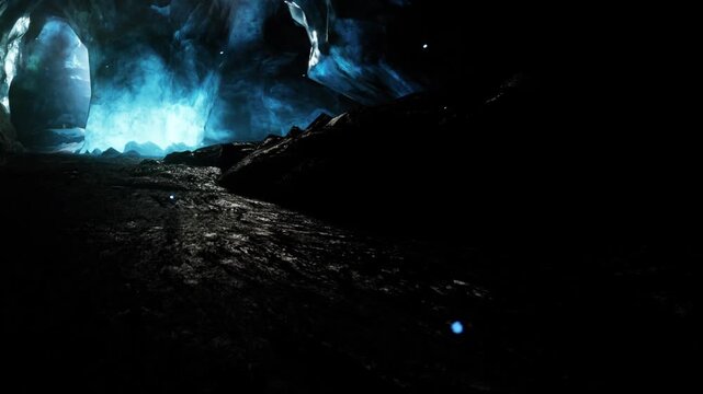 Light enters a cave, illuminating parts of the rock and ground. The dark space shows textures of the cave. Small blue light spots add interest to the scene.
