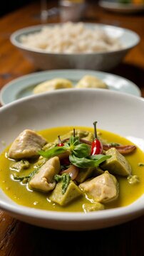 Close-up of Spicy Thai Yellow Curry with Chicken and Herbs
